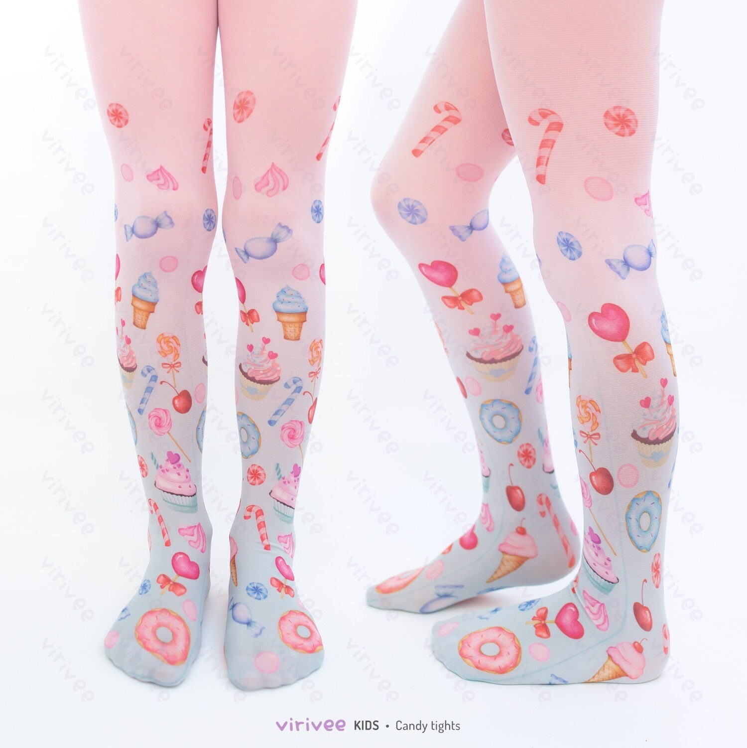 Blue - Pink Candy Tights for Girls, Cute Printed Sweets Blue - Pink Candy Tights for Girls, Cute Printed Sweets