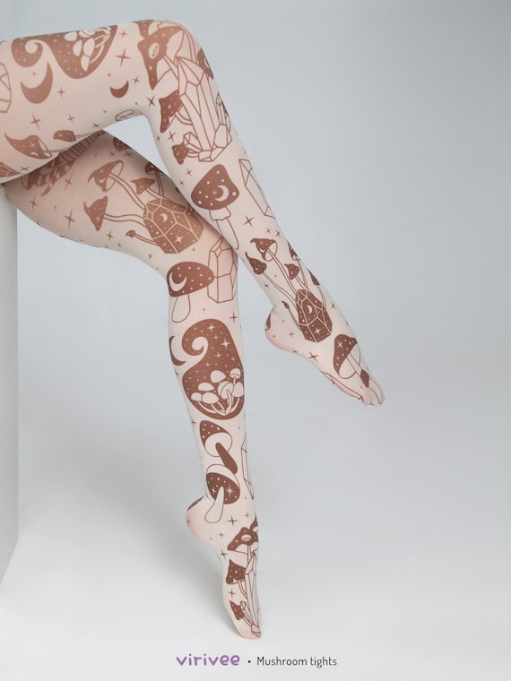 Mushroom Crystal Celestial Tights for Women, Spiritual Pattern on