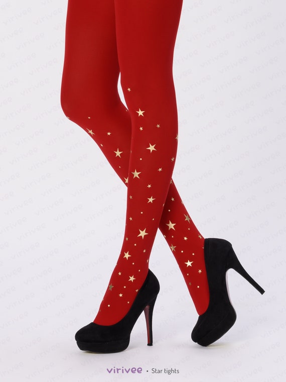 Christmas Tights With Golden Star Pattern, Holiday Outfit 