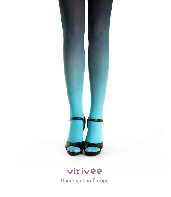 Ombre Tights Turquoise Black, Opaque Pantyhose for Women