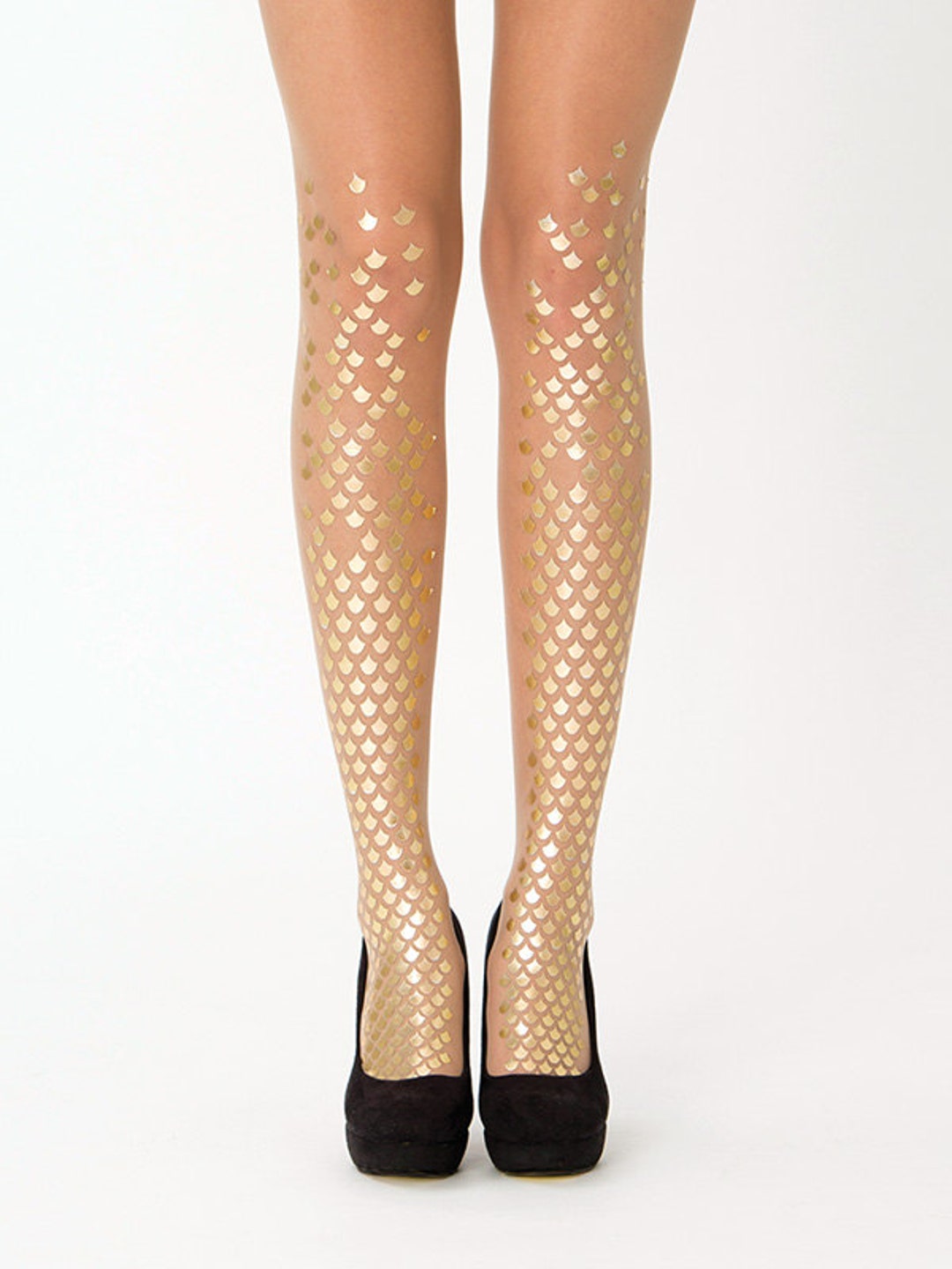 Mermaid Tights, Glossy Gold Fish Scale Pattern, Tattoo Tights Gift