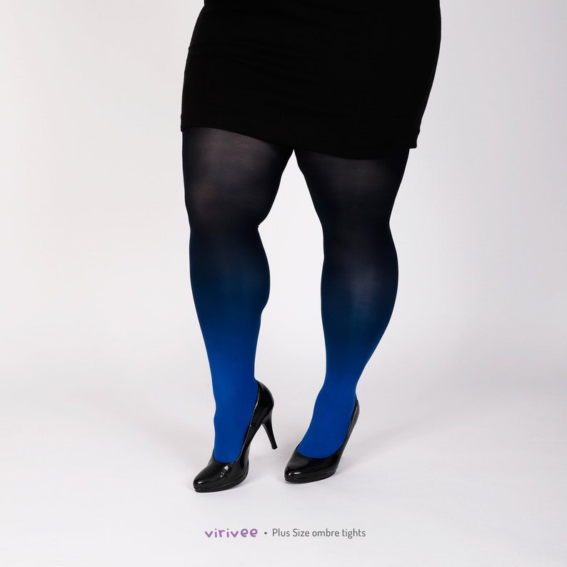 Plus size tights for women blue-black, ombre SEMI-OPAQUE pantyhose, gift under 35 image 2