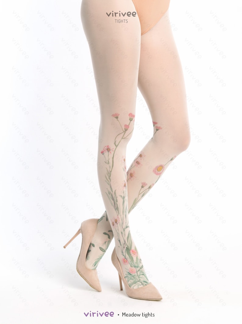 Meadow floral tights for women, nature lover girl clothing, cottagecore outfit, flower for brides bridesmaids wedding image 2