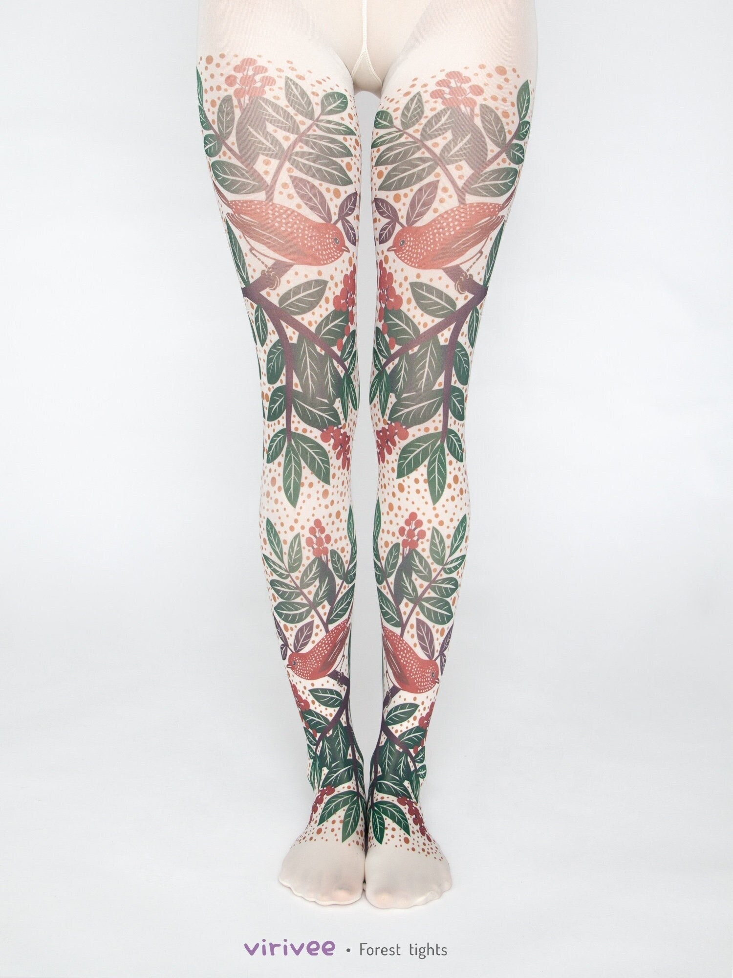 Forest Tights With Bird and Leaf Motif 