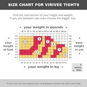 Puede incluir: Una tabla de tallas para medias Virivee con una cuadr&iacute;cula de celdas amarillas y rojas. La tabla muestra la altura en pies y cm, y el peso en libras y kg. C&iacute;rculos numerados del 1-2 al 8 indican las tallas recomendadas seg&uacute;n altura y peso.