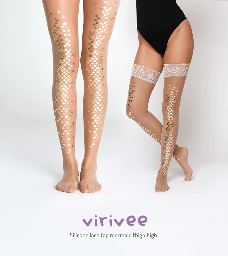 Mermaid thigh high tights / Silicone lace top nude mermaid tights / gold scale thigh high socks image 1