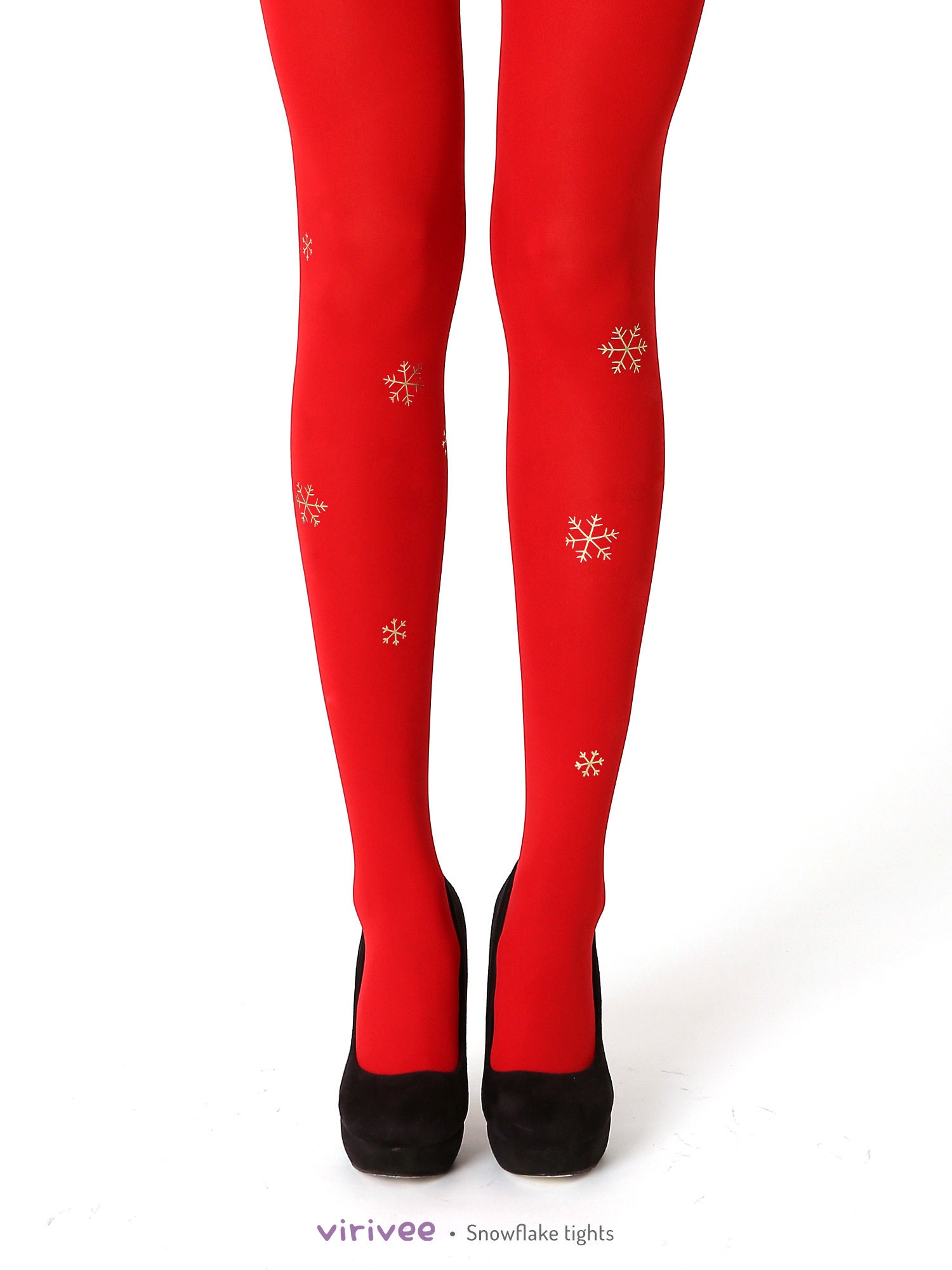 Golden Snowflake Tights Gold Printed Red Opaque Snow Christmas