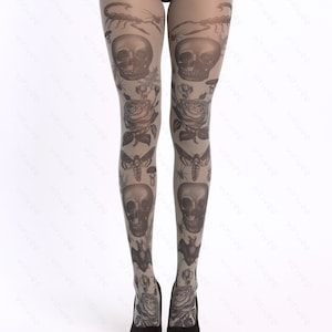 Gothic tights for women, skull bat moth pattern on black semi-opaque tights for women, alternative pagan clothing image 3