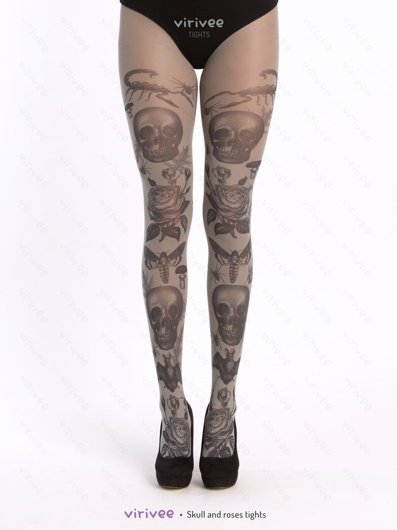 Gothic tights for women, skull bat moth pattern on black semi-opaque tights for women, alternative pagan clothing image 3