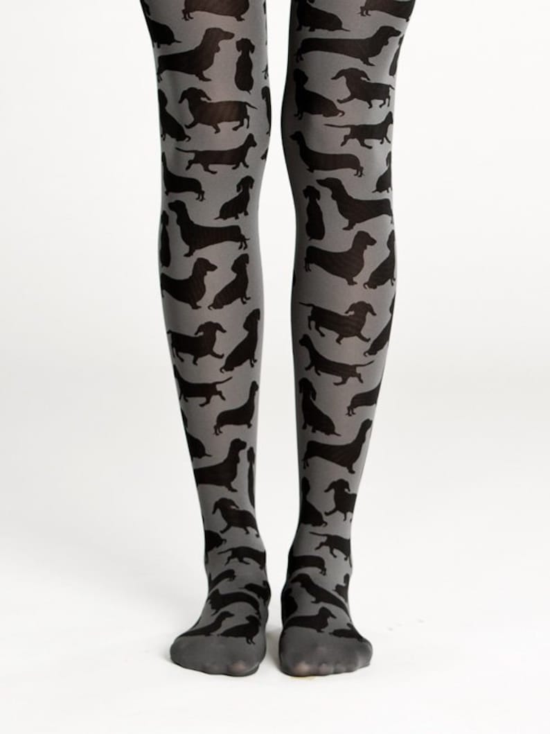 May include: Gray tights with a black dachshund silhouette pattern.