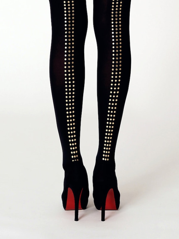 S-XXL gold tights, elegant accessories, black gold seamed tights with small dots, metallic patterned fabric plus size hoisery