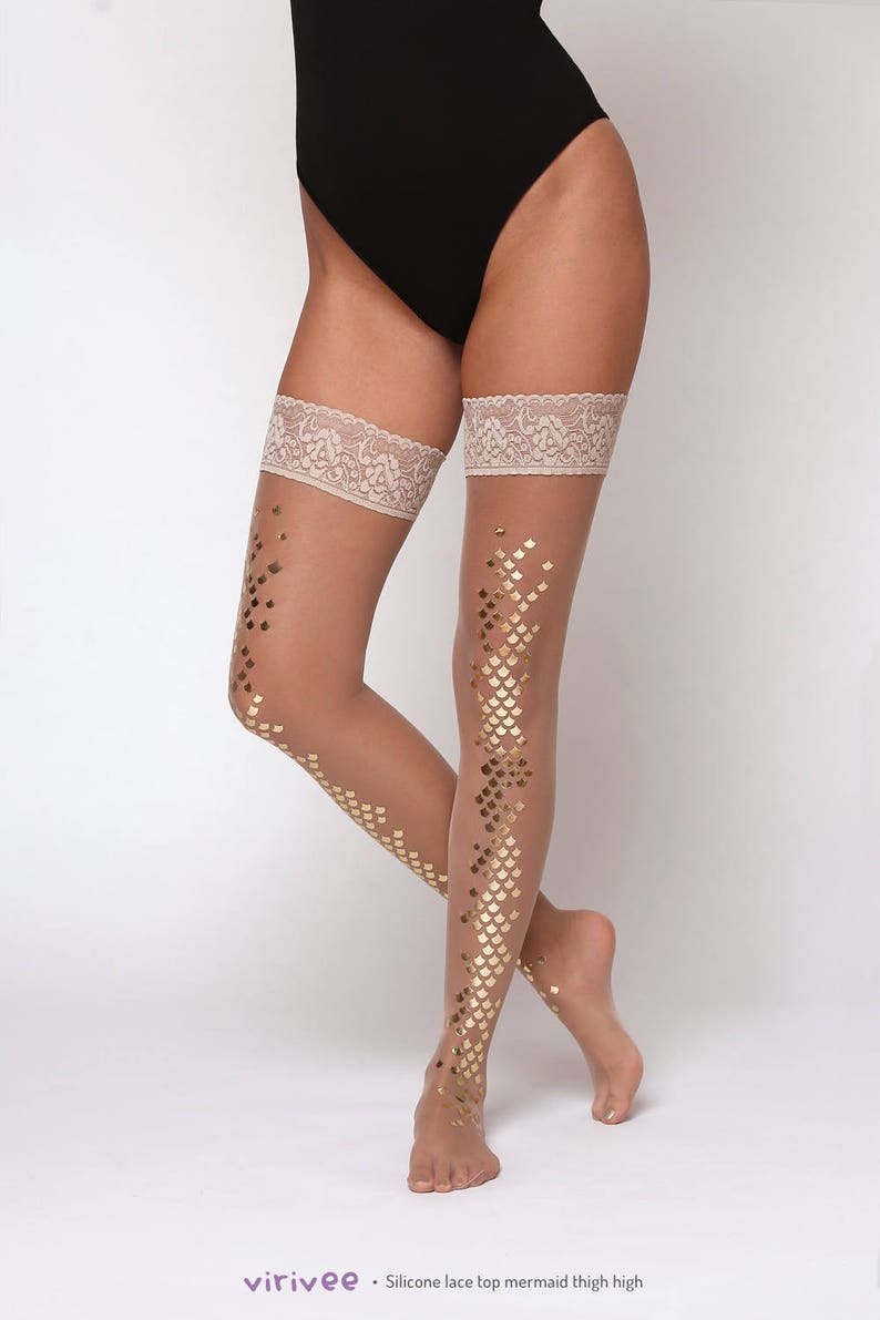 Mermaid thigh high tights / Silicone lace top nude mermaid tights / gold scale thigh high socks image 2