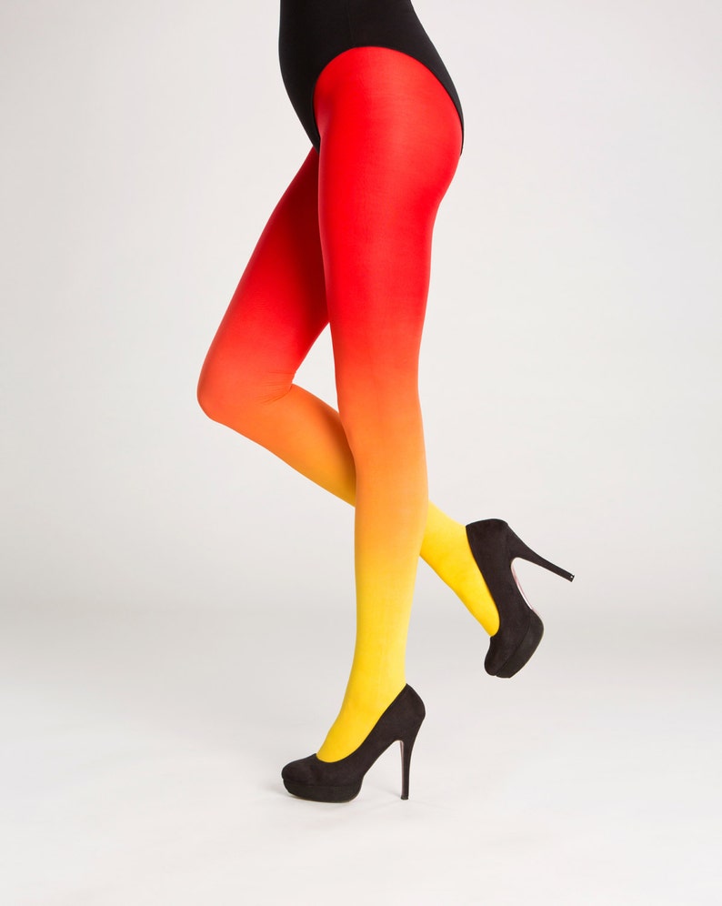 Ombre tights yellow to red, opaque party pantyhose, fancy clothing for Halloween costume and cosplay image 1