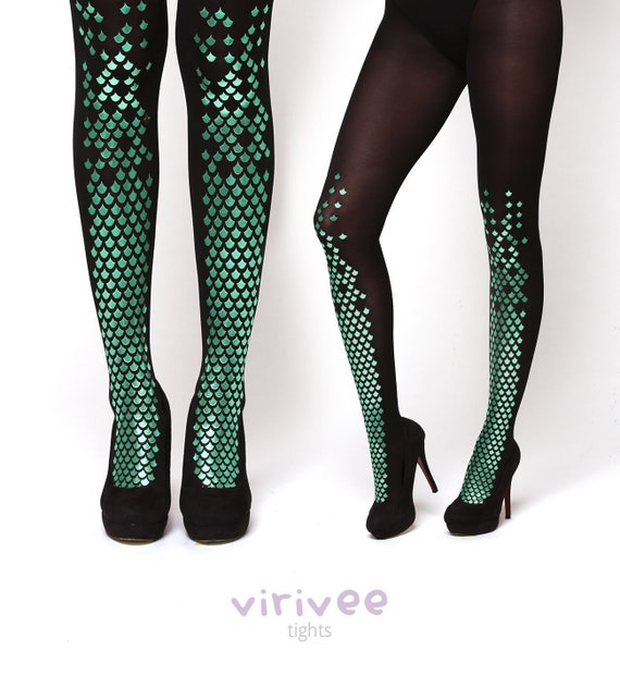 Goth Mermaid Tights OR Thigh Highs With Pearlescent Green Fish