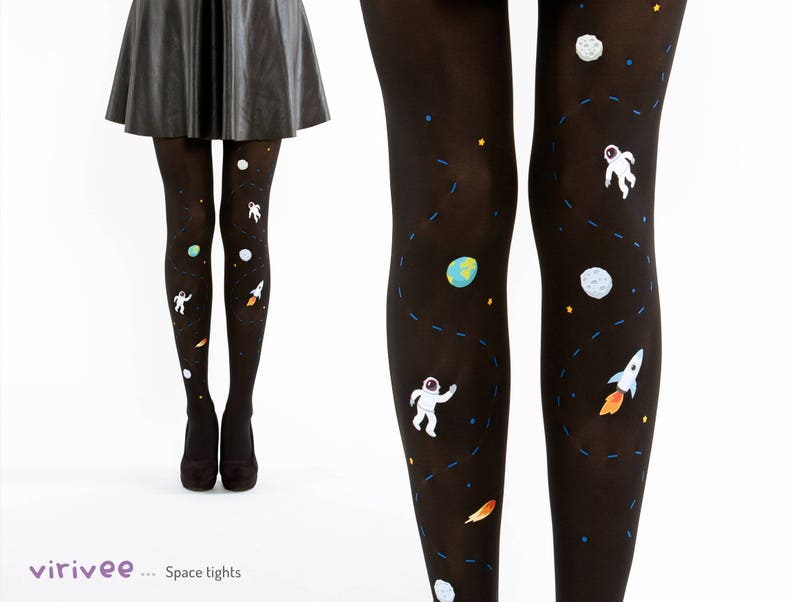 Space tights for women with astronaut print, geek gift for her, galaxy leggings with unique pattern image 1