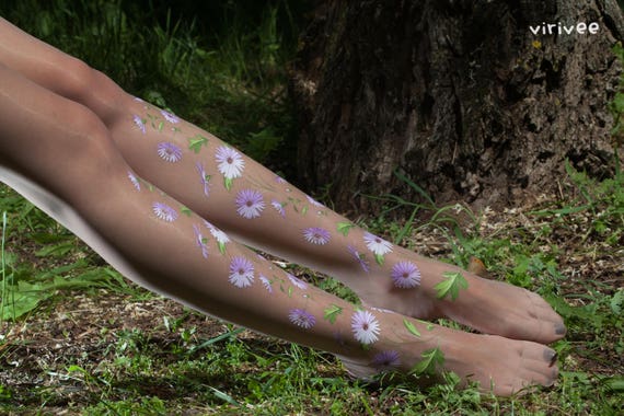Purple Flower Tights. Thin Nude Floral 