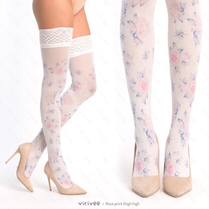 Pink rose printed floral thigh high, accessory for brides bridesmaids, beautiful wedding fashion, printed stay-ups tights