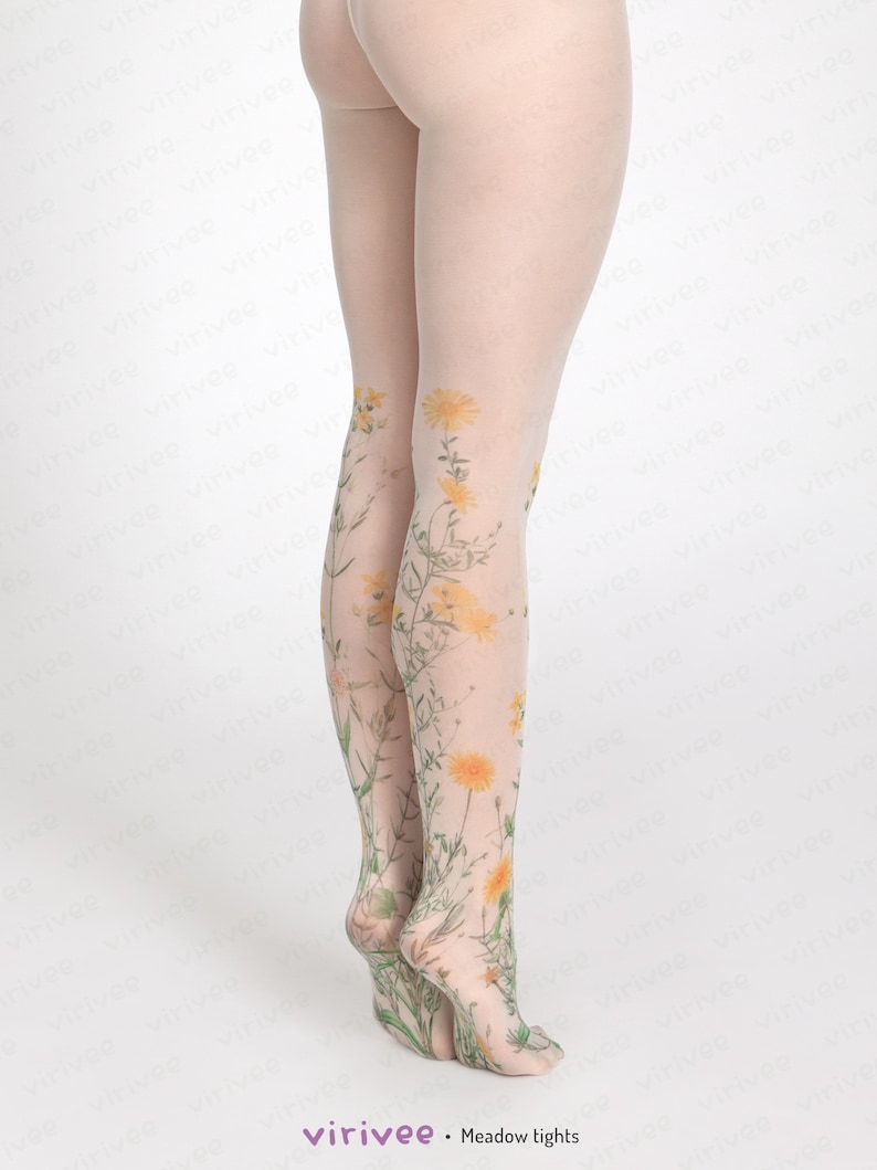 Yellow meadow floral tights for women, nature lover girl clothing, cottagecore outfit, printed wedding accessory for brides bridesmaids image 4