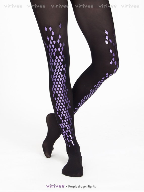 Purple dragon tights, goth fashion semi-opaque panythose, plus size cosplay costume for Halloween
