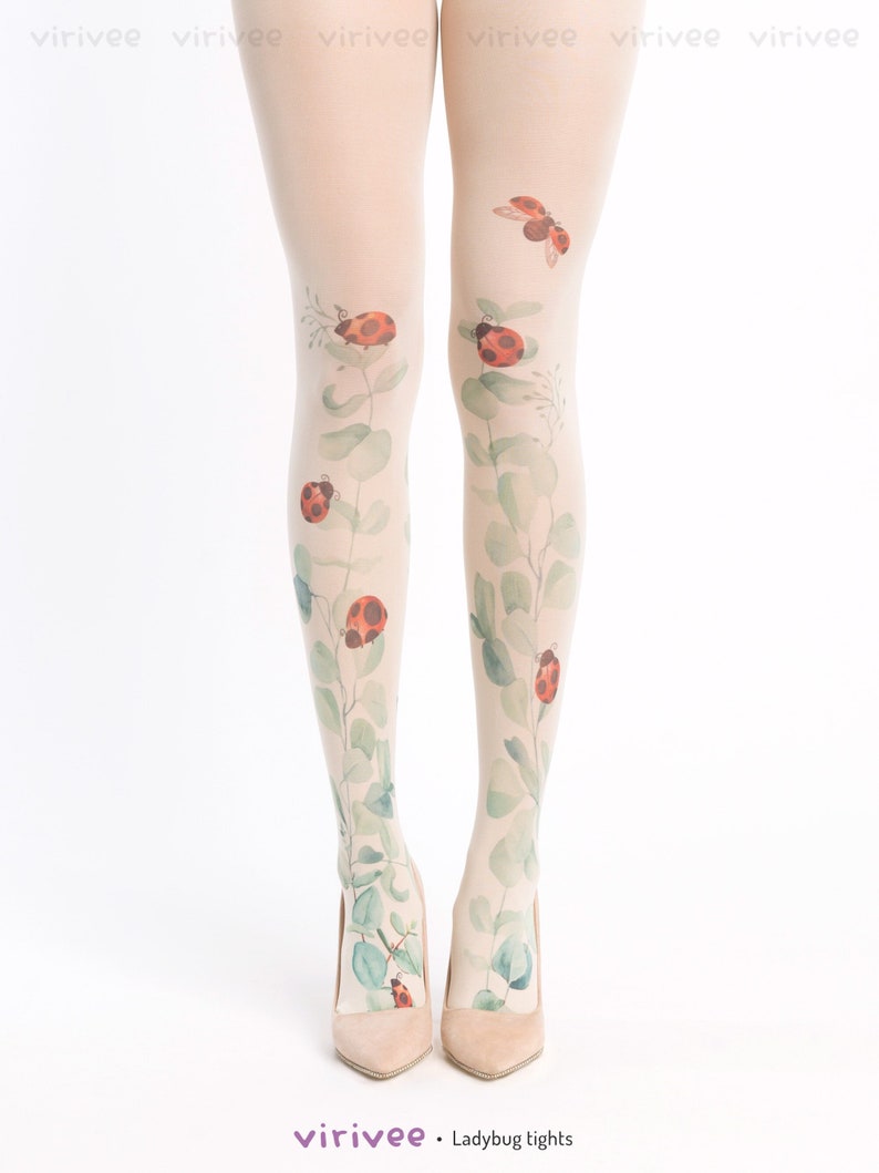 Collants floraux imprimés coccinelles et eucalyptus, collants de mariage pour mariées et demoiselles d'honneur, vêtements naturels, tenue cottagecore image 1