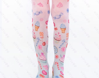 Blue - pink candy tights for girls, cute printed sweets ombre pattern  spring birthday party outfit 4-12 YEARS old kids gift 8