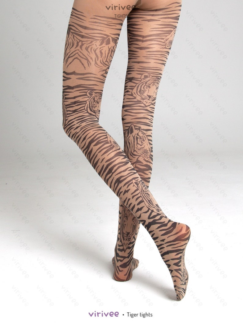 Tiger tights, animal print clothing, tigre pattern fashion, fancy safari striped printed brown semi-opaque material image 1