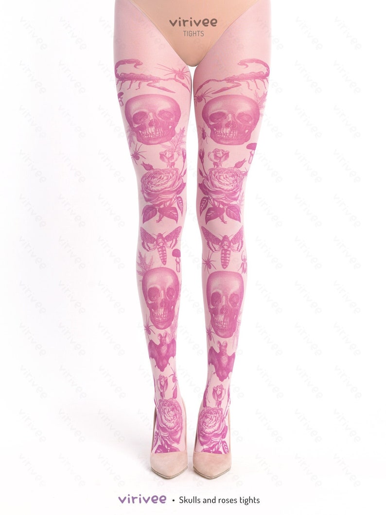 Pastel gothic tights, skull bat moth goth pattern on pink semi-opaque tights for women, alternative grounge pagan clothing image 1