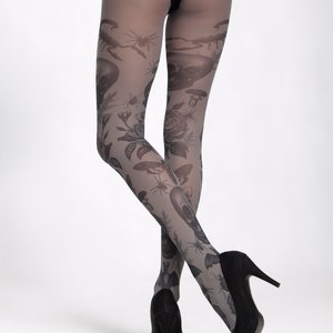 Gothic tights for women, skull bat moth pattern on black semi-opaque tights for women, alternative pagan clothing image 4