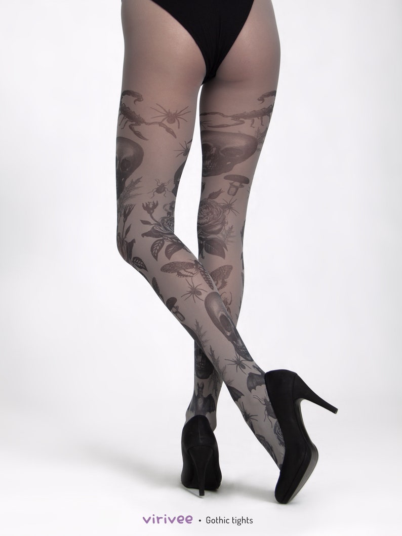 Gothic tights for women, skull bat moth pattern on black semi-opaque tights for women, alternative pagan clothing image 4