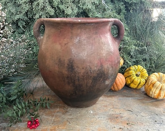 Antique Anatolian Clay Pot, Rustic Raku Bowl (12 Inches)