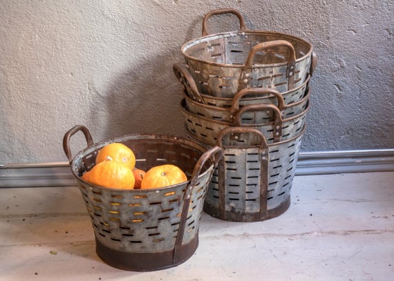 3 Quantités de Petit Seau d'olive en Métal Rustique, Vieux Fait à La Main, Stockage Panier Décoratif