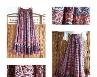 Hermosa falda maxi envolvente con estampado de bloques de mano de gasa de algodón indio de la década de 1970 ~ Falda étnica boho Gypsy Festival Folk de los años 60 ~ xs