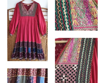 Vintage 1970s Malika Afghan style Indian folk dress ~ boho hippy /  s m  { gypsy ethnic 60s Afghani Kuchi Tribal Embroidered }