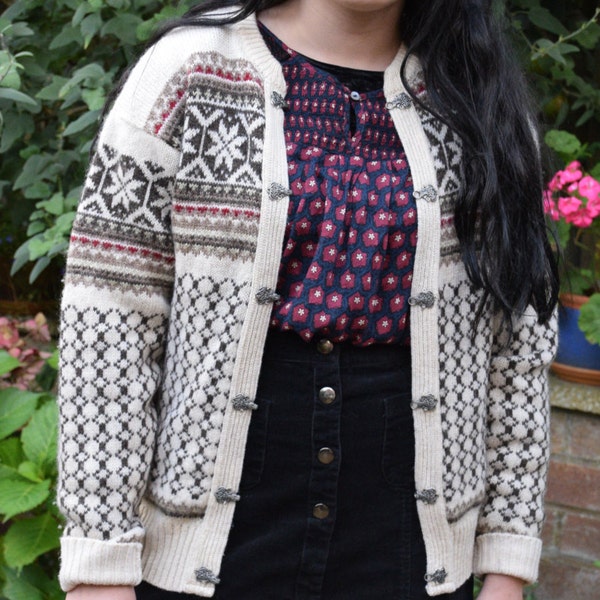 Scottish chunky Bohemian knitted boho ethnic cardigan Folk Boho Hippie nordic fair isle sweater  s m uk  8 10 12 us 4 6 8 wool nordic cardy