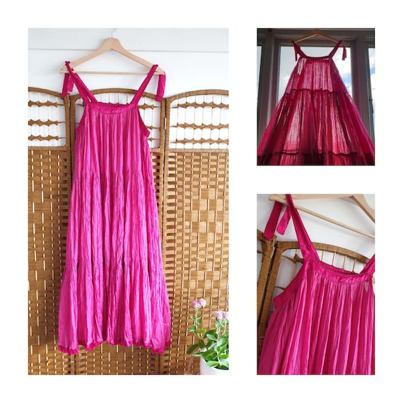Beautiful Vintage Phool Indian Cotton Gauze Raspberry Pink Sparkly Dress ~ Boho Hippy Strappy / 70s Summer India Tank Dress ~ S M L