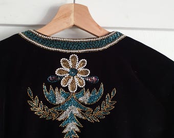 【vintage】インド刺繍タッセルジャケット Black Velvet Indian Embroidered Beaded Jacket ~ 80s 70s 90s