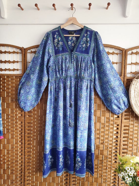 Rare Interlinks Indian Cotton Dress ~ blue green … - image 5