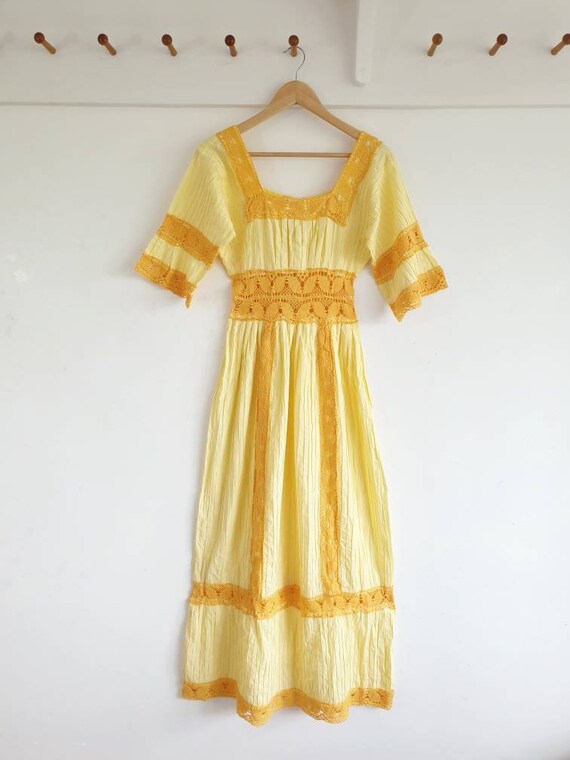 Yellow Vintage cotton Mexican wedding dress  ~ Gy… - image 3