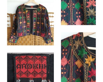 1980s Anokhi Embroidered indian cotton cropped jacket ~ Gypsy Boho Hippie Ethnic Festival ~ laid back cool ~ s m