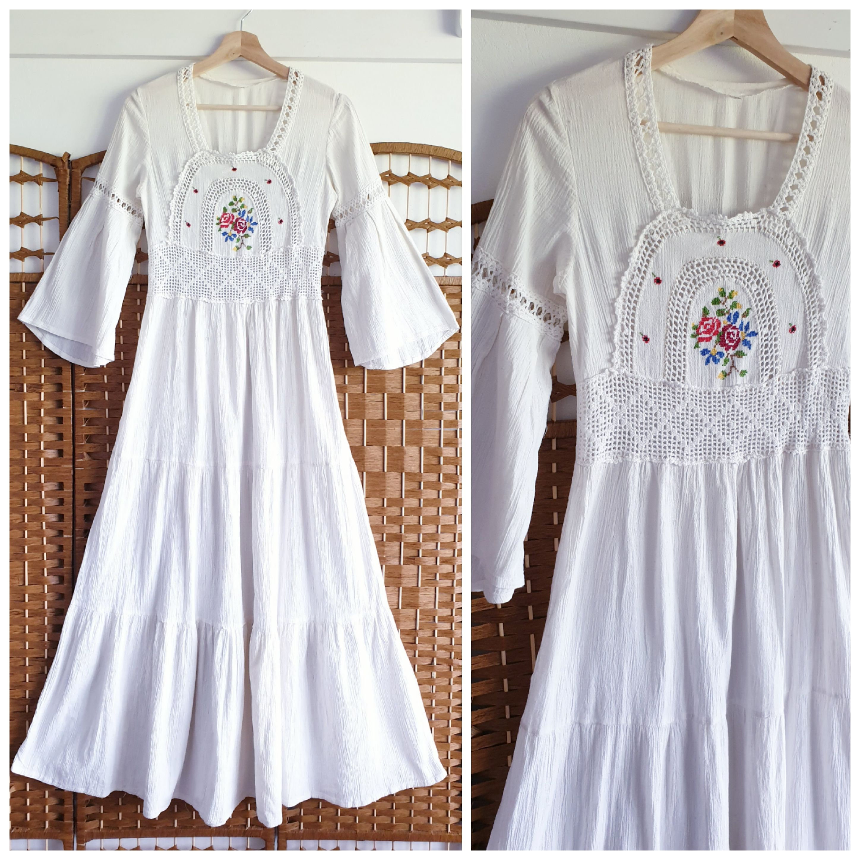 Vintage 70s White Embroidered Cotton Gauze Cheesecloth