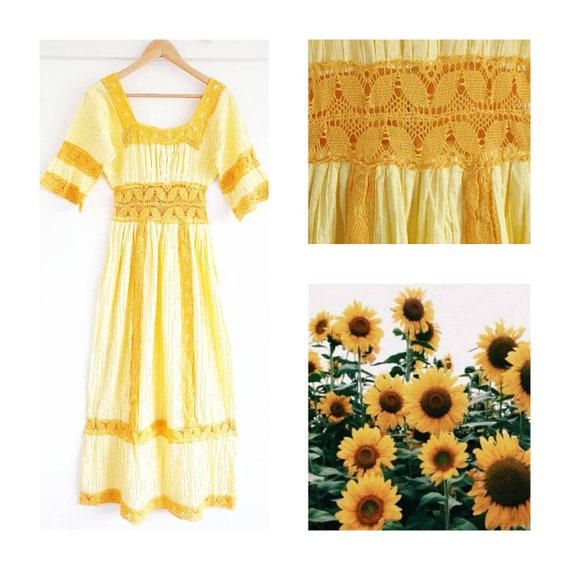 Yellow Vintage cotton Mexican wedding dress  ~ Gy… - image 1