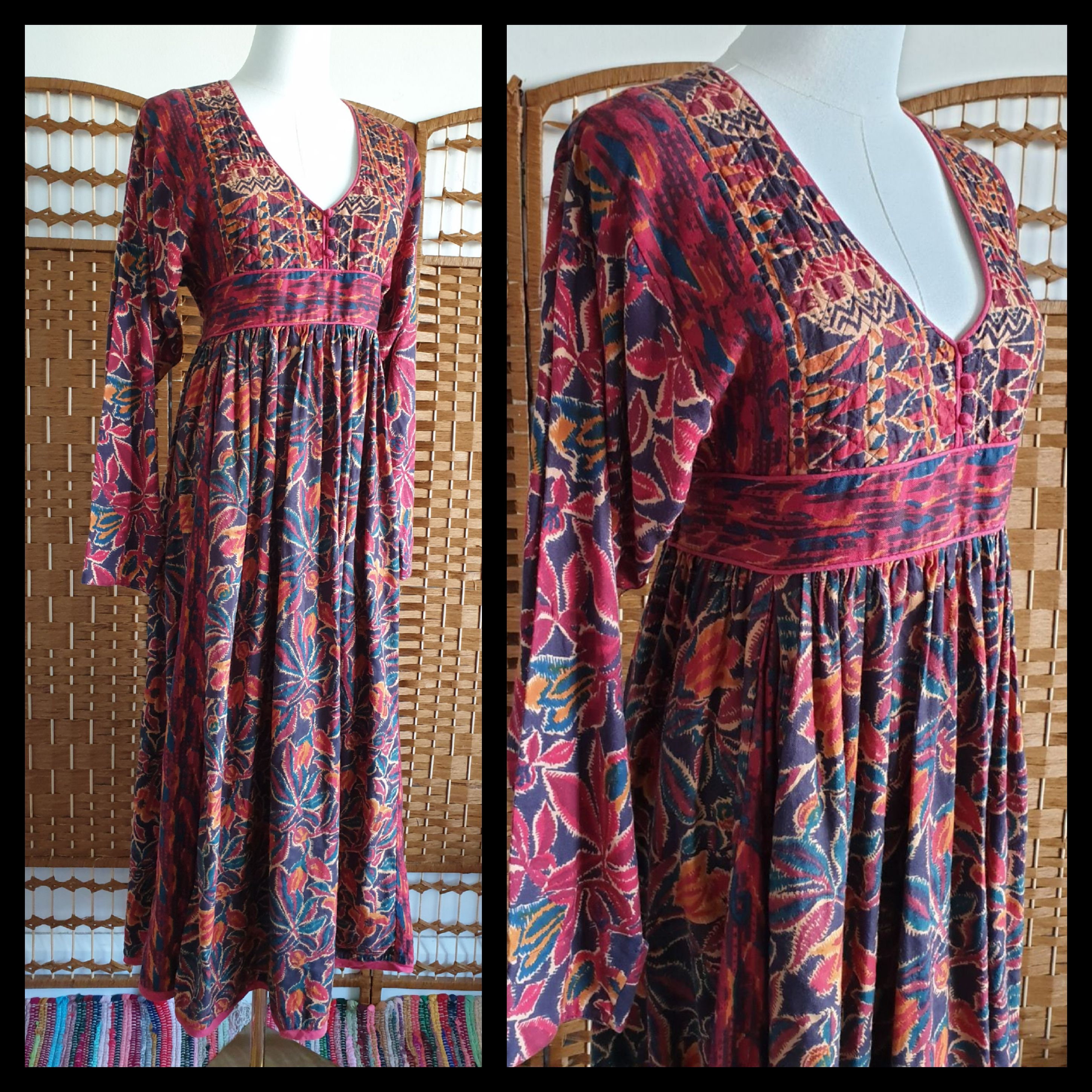 ワンピース 70s ANOKHI Indian Cotton Dress Stunning 1970s Anokhi Goddess Folklore India Block Print