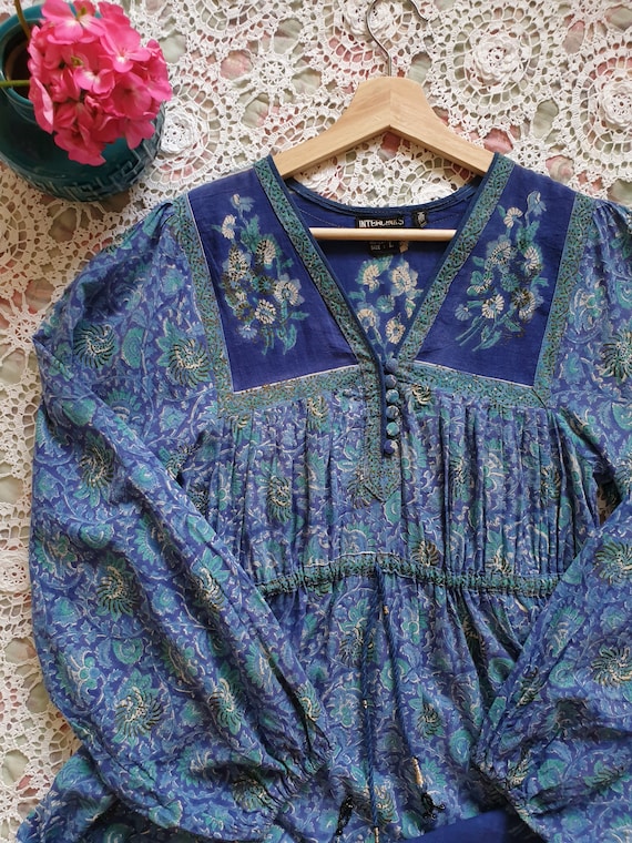 Rare Interlinks Indian Cotton Dress ~ blue green … - image 3