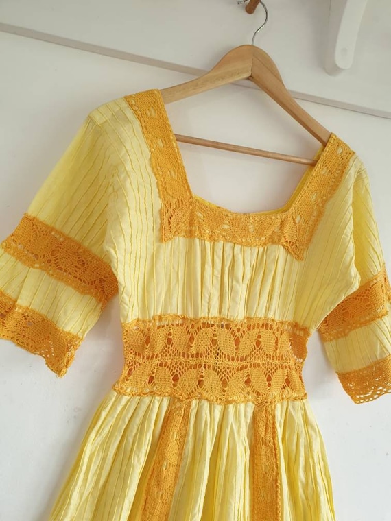 Yellow Vintage cotton Mexican wedding dress  ~ Gy… - image 6