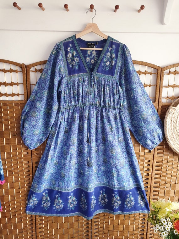 Rare Interlinks Indian Cotton Dress ~ blue green … - image 2