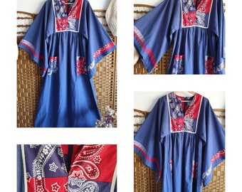 1970s cotton maxi dress ~ angel sleeves kaftan caftan ~ denim coloured 60s folk dress ~ small