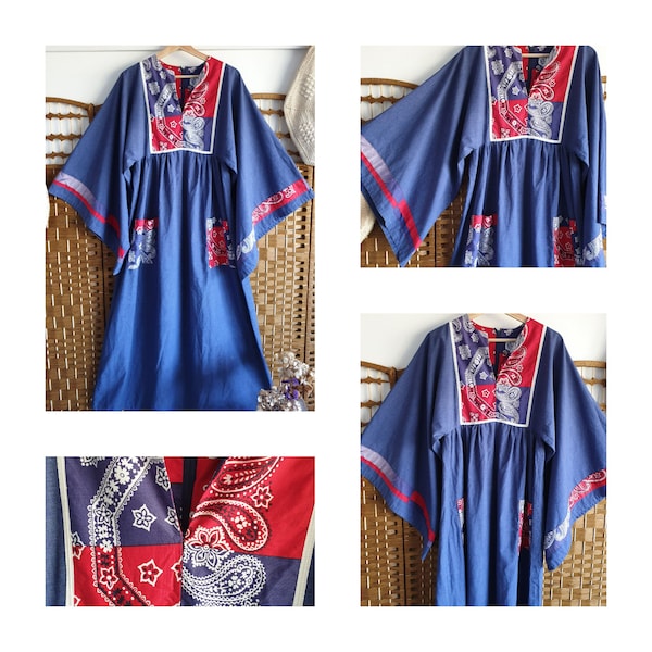 1970s cotton maxi dress ~ angel sleeves kaftan caftan ~ denim coloured 60s folk dress ~ small