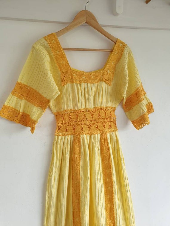 Yellow Vintage cotton Mexican wedding dress  ~ Gy… - image 4