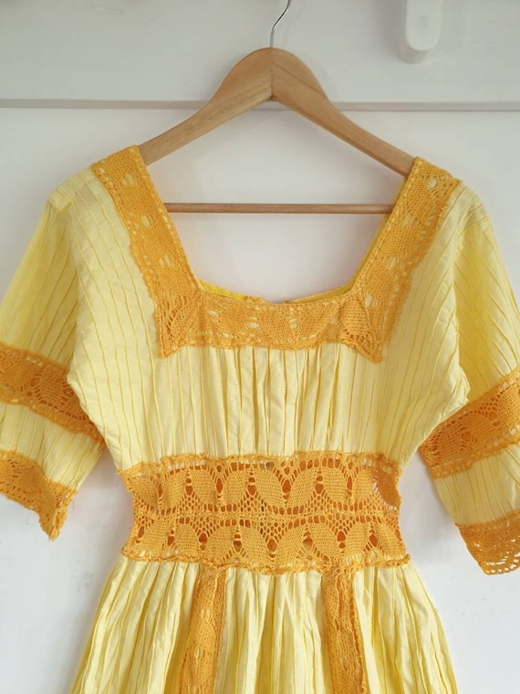 Yellow Vintage cotton Mexican wedding dress  ~ Gy… - image 7
