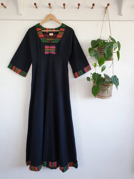 Vintage 1970s black cotton kaftan dress ~ boho hi… - image 7